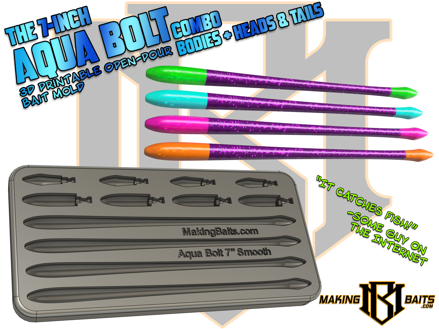 Making Baits Aqua Bolt 4-Cavity Bodies, Heads and Tails Combo Open Pour Mold