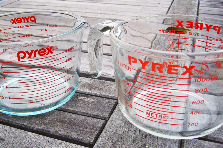 Soda Lime Glass (Lef) and Borosilicate Glass (right) Pyrex Brand Measuring Cups